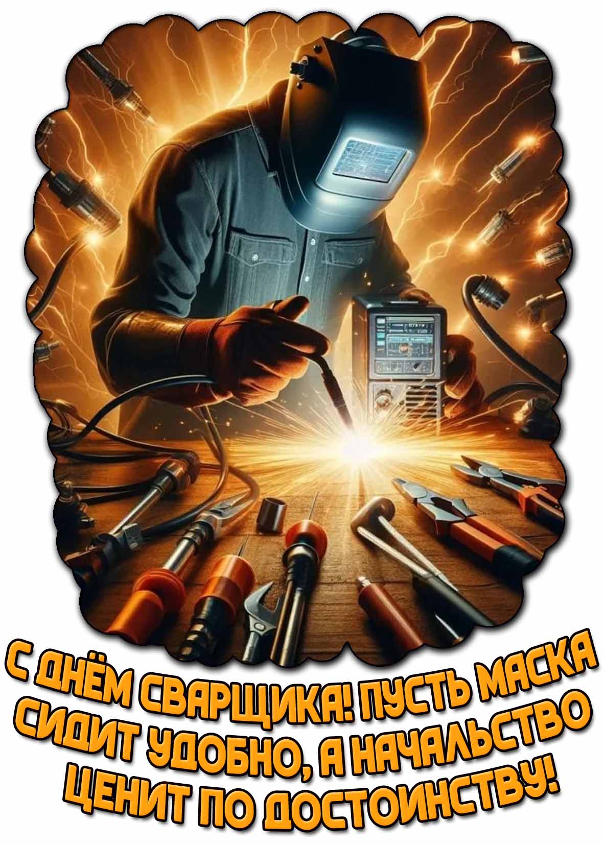 Открытка "С днём сварщика! Пусть маска сидит удобно, а начальство ценит по достоинству!"