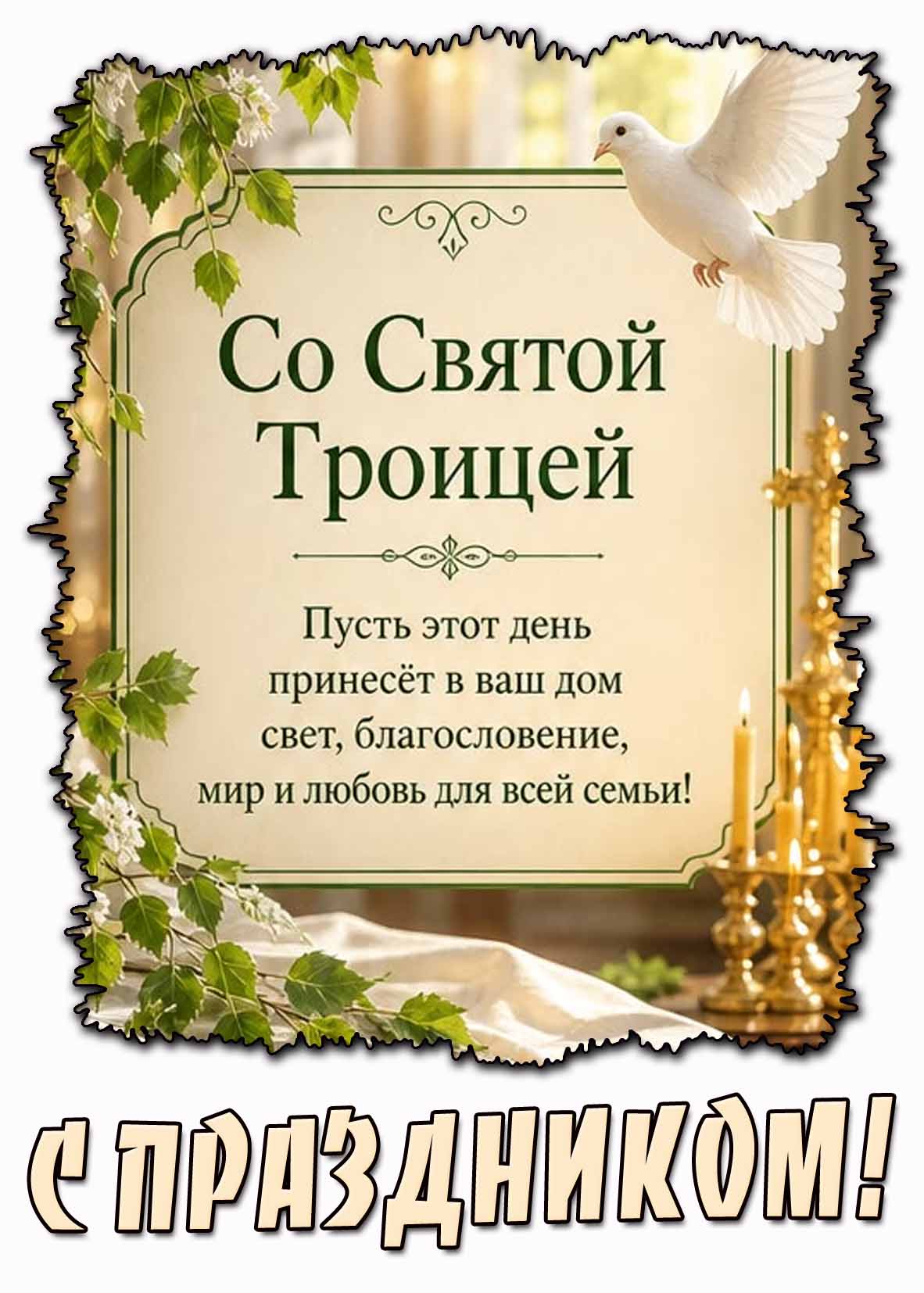 Открытка "Со Святой Троицей! Пусть этот день принесёт в ваш дом свет, благословение, мир и любовь для всей семьи! С праздником!"