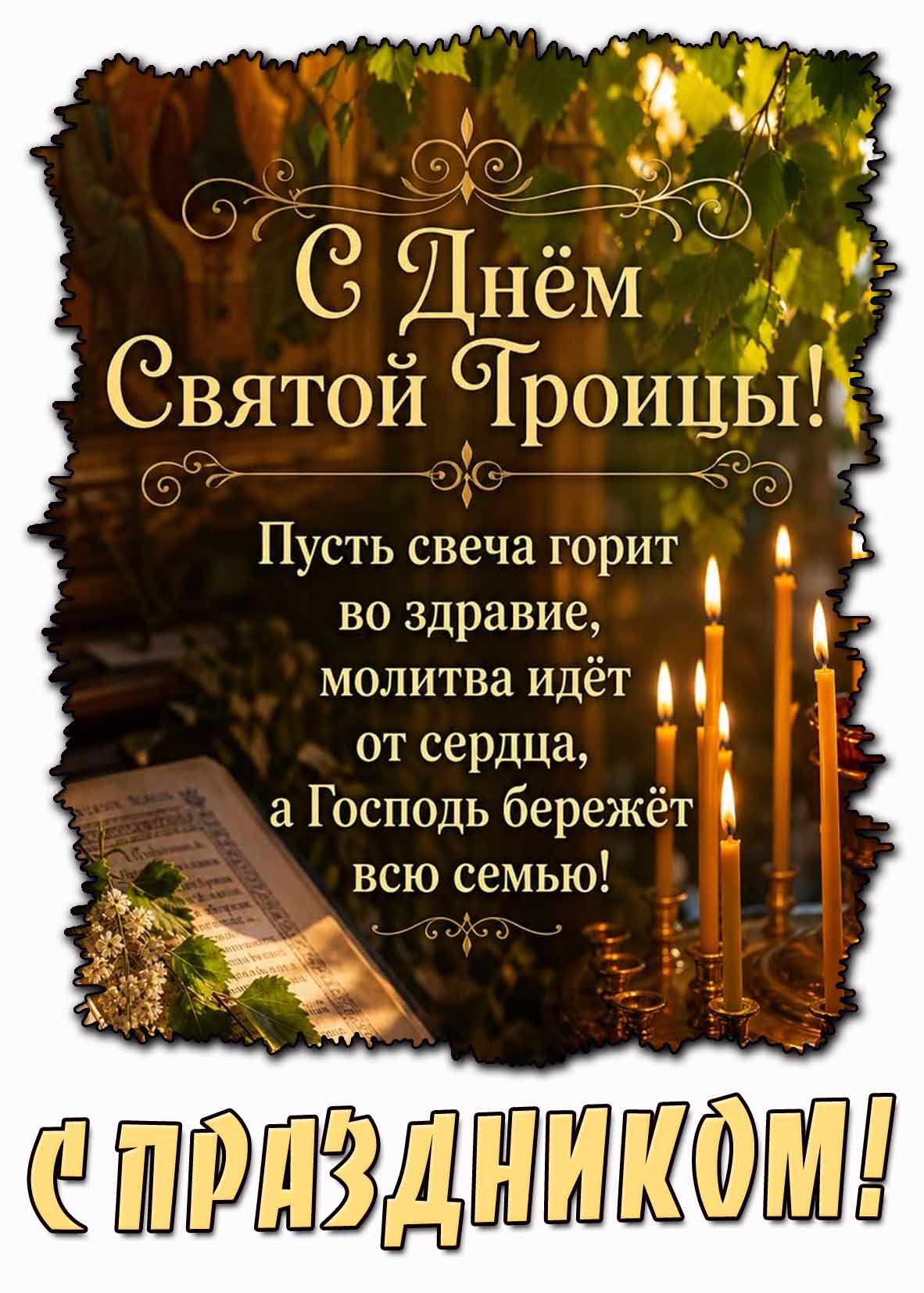 Картинка "С днём Святой Троицы! Пусть свеча горит во здравие, молитва идёт от сердца, а Господь бережёт всю семью! С праздником!"