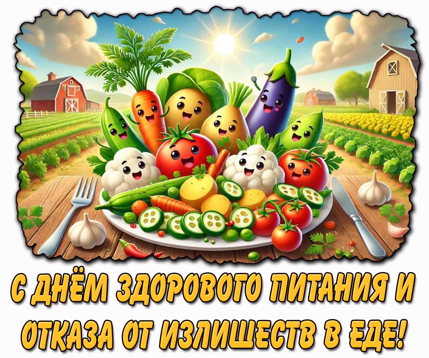 Прикольная открытка с днём здорового питания и отказа от излишеств в еде
