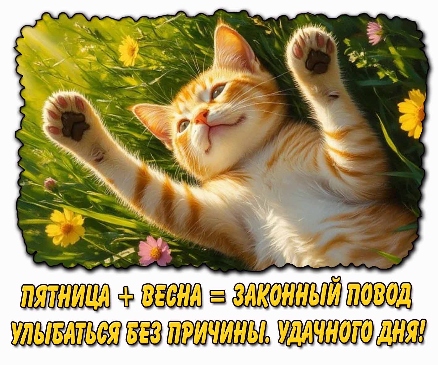 Открытка "Пятница + Весна = законный повод улыбаться без причины. Удачного дня!"