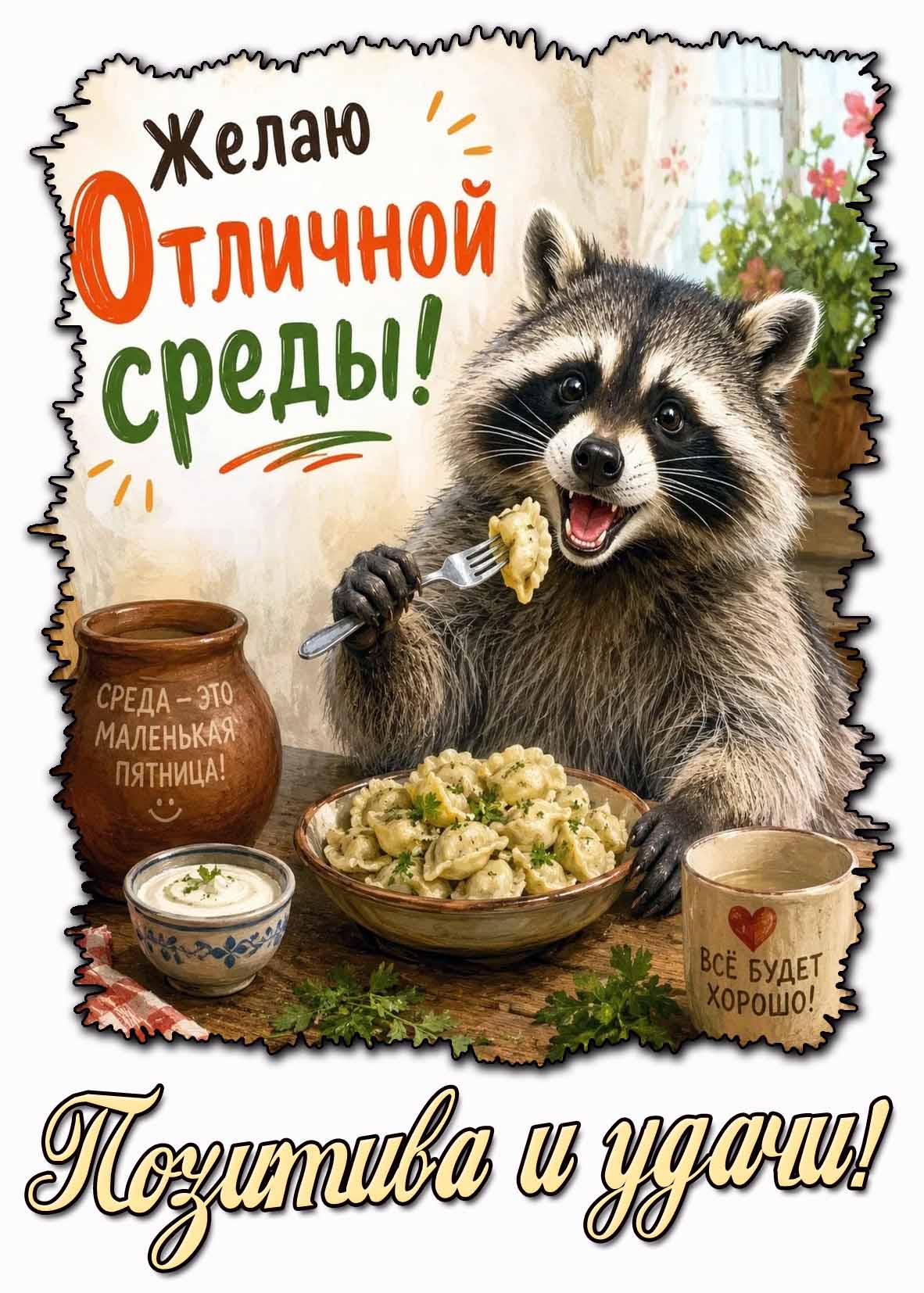 Картиyка "Желаю отличной среды! Позитива и удачи! Среда - это маленькая пятница! Всё будет хорошо!"
