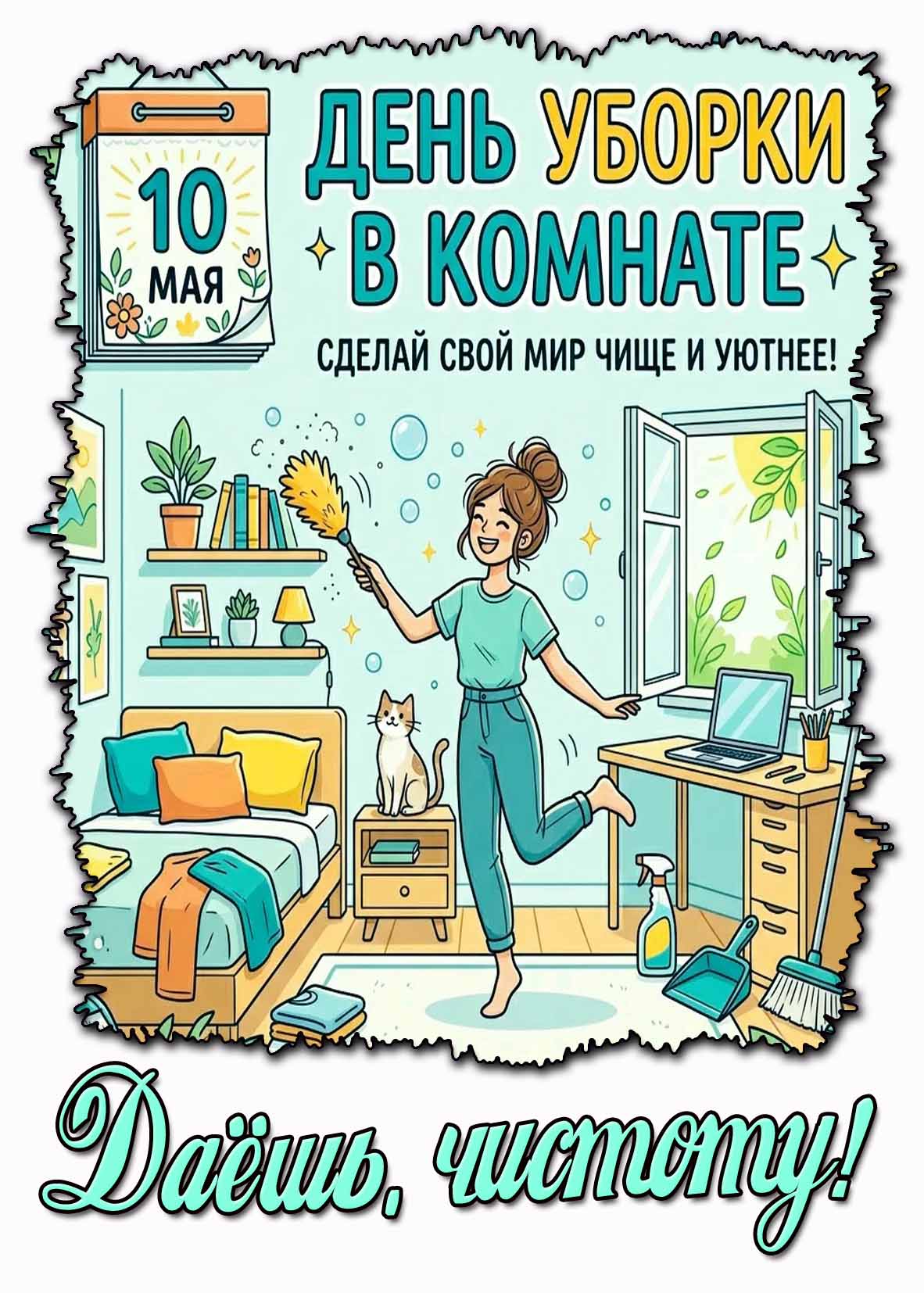 Картинка "10 мая - день уборки в комнате! С делай свой мир чище и уютнее! Даёшь, чистоту!"