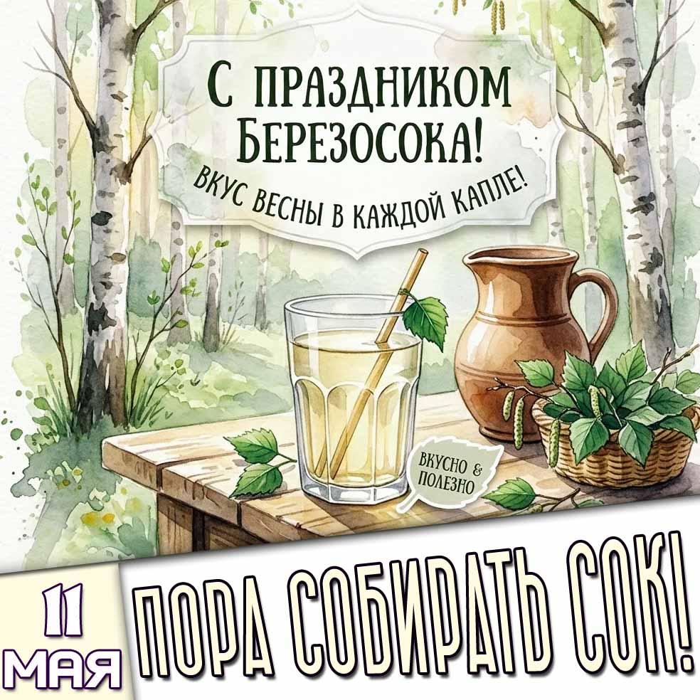 Картинка "11 мая - с праздником Берёзосока! Вкус весны в каждой капле! Пора собирать сок!"