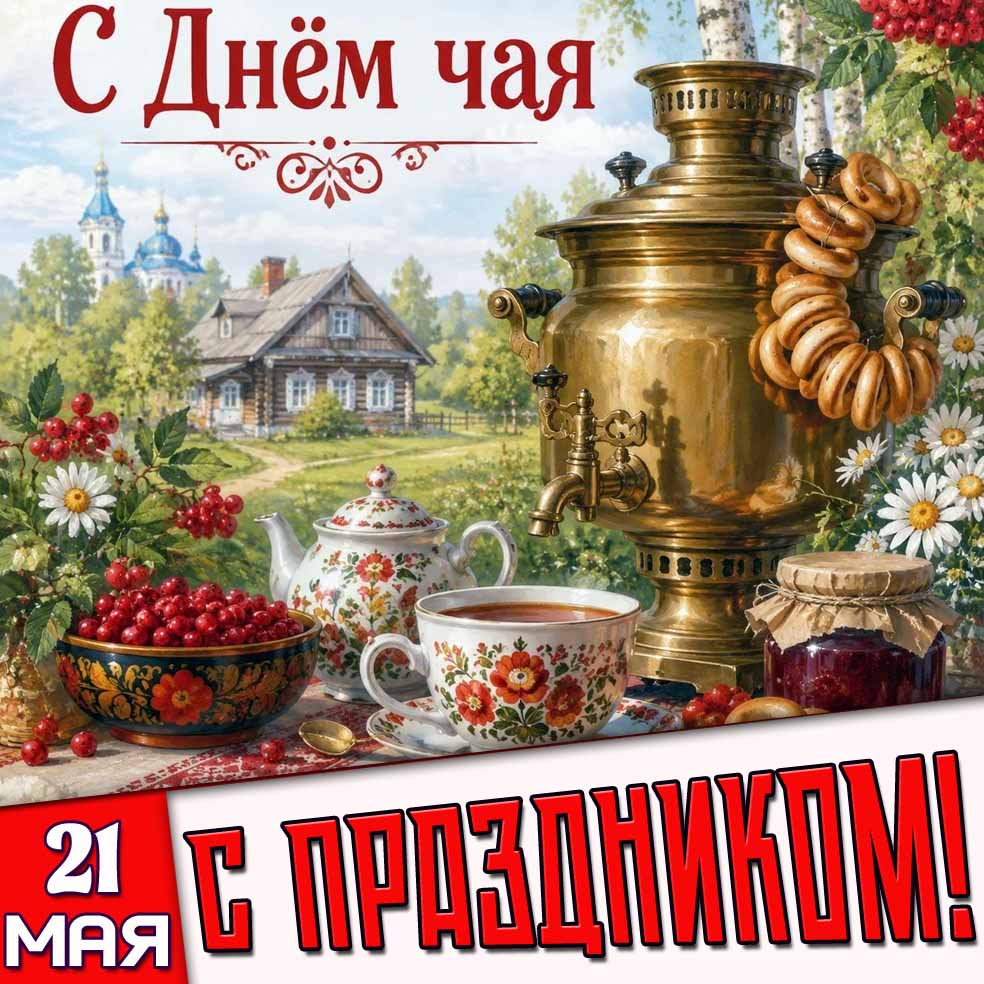 Красивая картинка с весенне-летним чаепитием с самоваром на фоне деревенского домика к празднику 21 мая - с днём чая! С праздником! Картинка "21 мая - с днём чая! С праздником!"