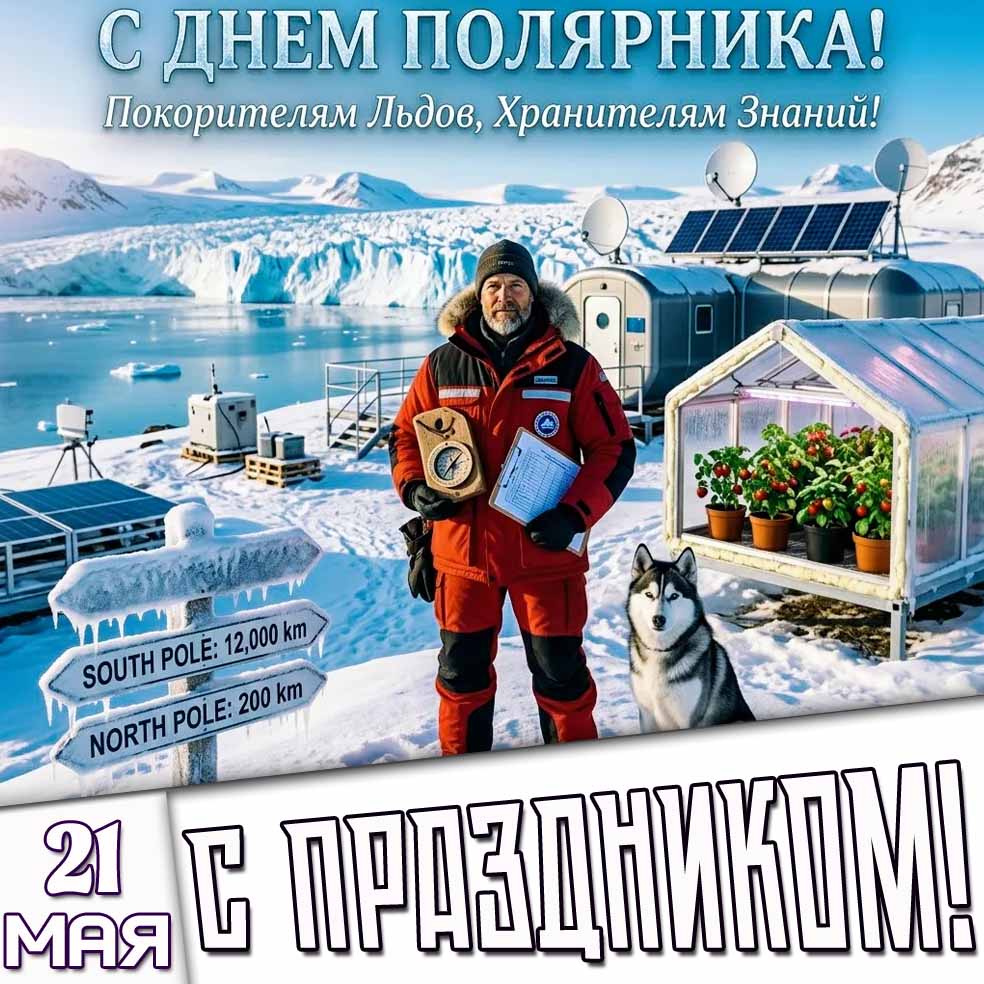 Картинка "21 мая - с днём полярника! Покорителям льдов, хранителям знаний! С праздником!"