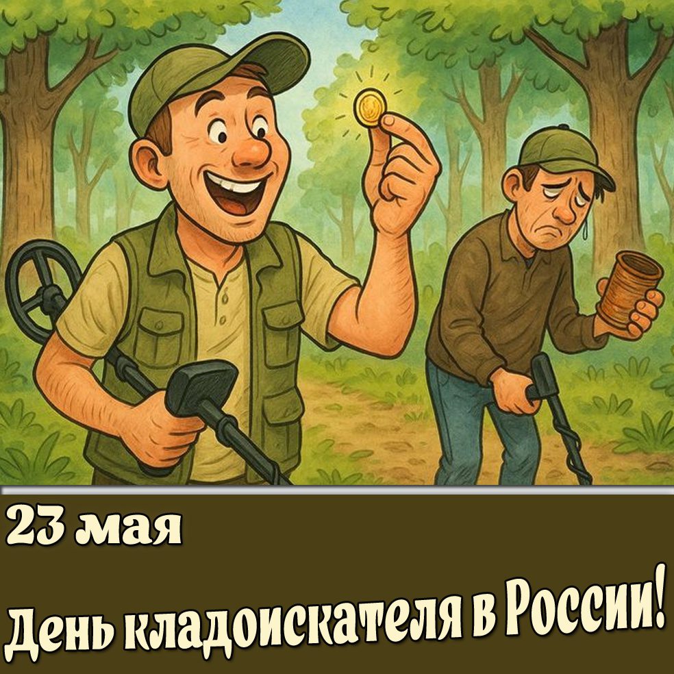 Прикольная мультяшном стиле картинка с мужчиной с золотой монеткой к празднику 23 мая - день кладоискателя в России! В 2026 году его отмечают в субботу! Желаю, каждому найти свой клад! Картинка 23 мая - день кладоискателя в России!
