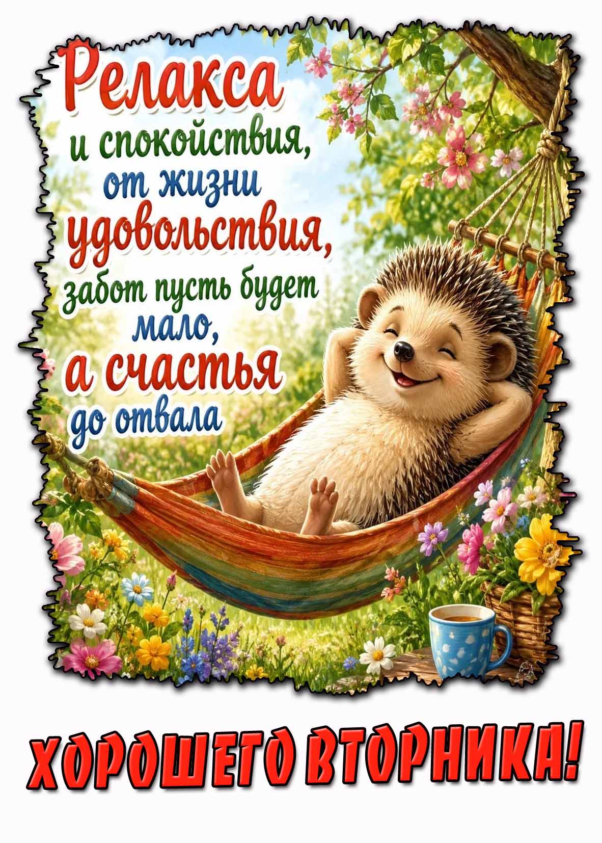 Картинка "Хорошего вторника! Релакса и спокойствия, от жизни удовольствия, забот пусть будет мало, а счастья до отвала!"