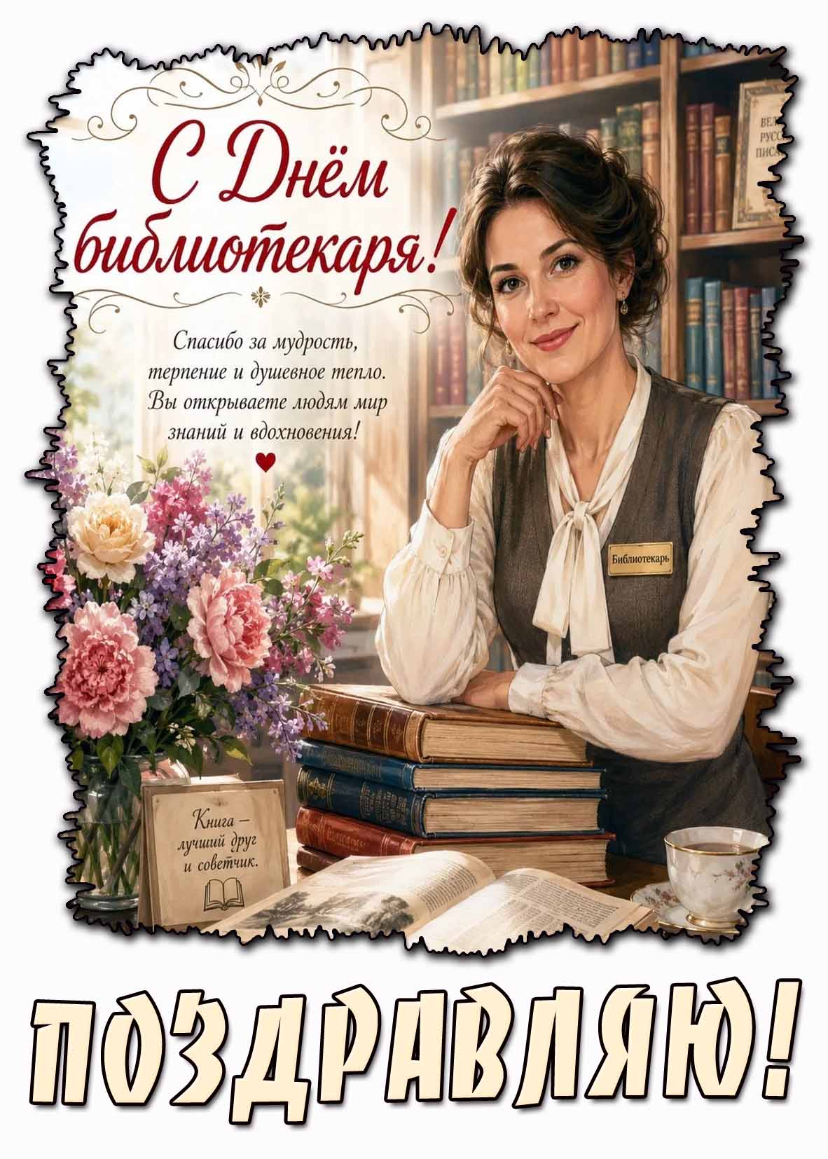 Картинка "С днём библиотекаря! Спасибо за мудрость, терпение и душевное тепло! Вы открываете людям мир знаний и вдохновения! Поздравляю!"