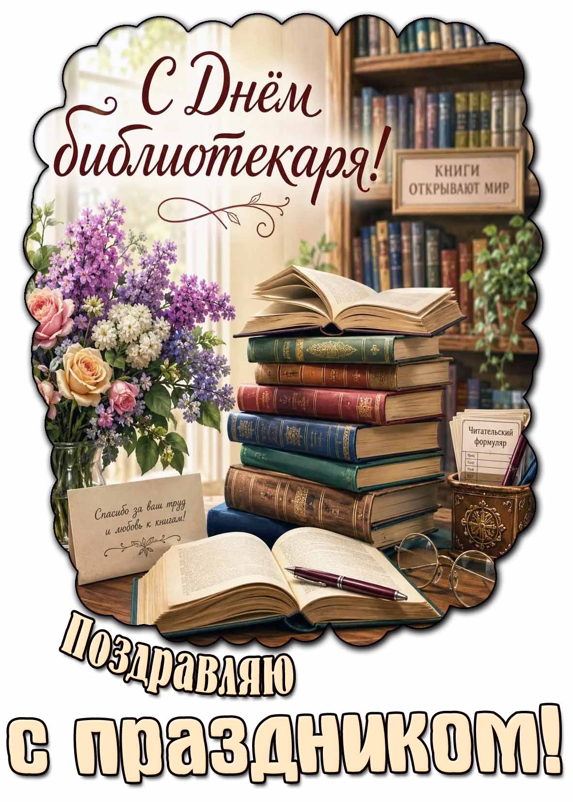 Картинка "С днём библиотекаря! Спасибо за ваш труд и любовь к книгам! Поздравляю с праздником!"