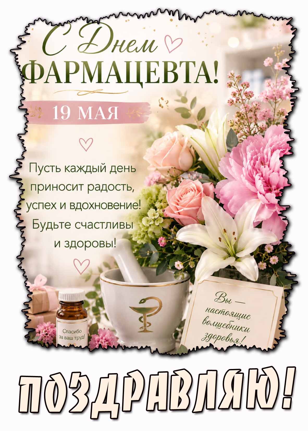 Картинка "С днём фармацевта! Пусть каждый день приносит радость, успех и вдохновение! Будьте счастливы и здоровы! Поздравляю!" - 19 мая