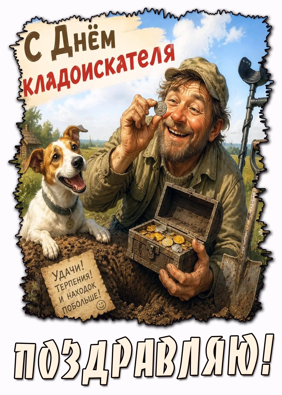 Картинка "С днём кладоискателя! Удачи! Терпения! И находок побольше! Поздравляю!"