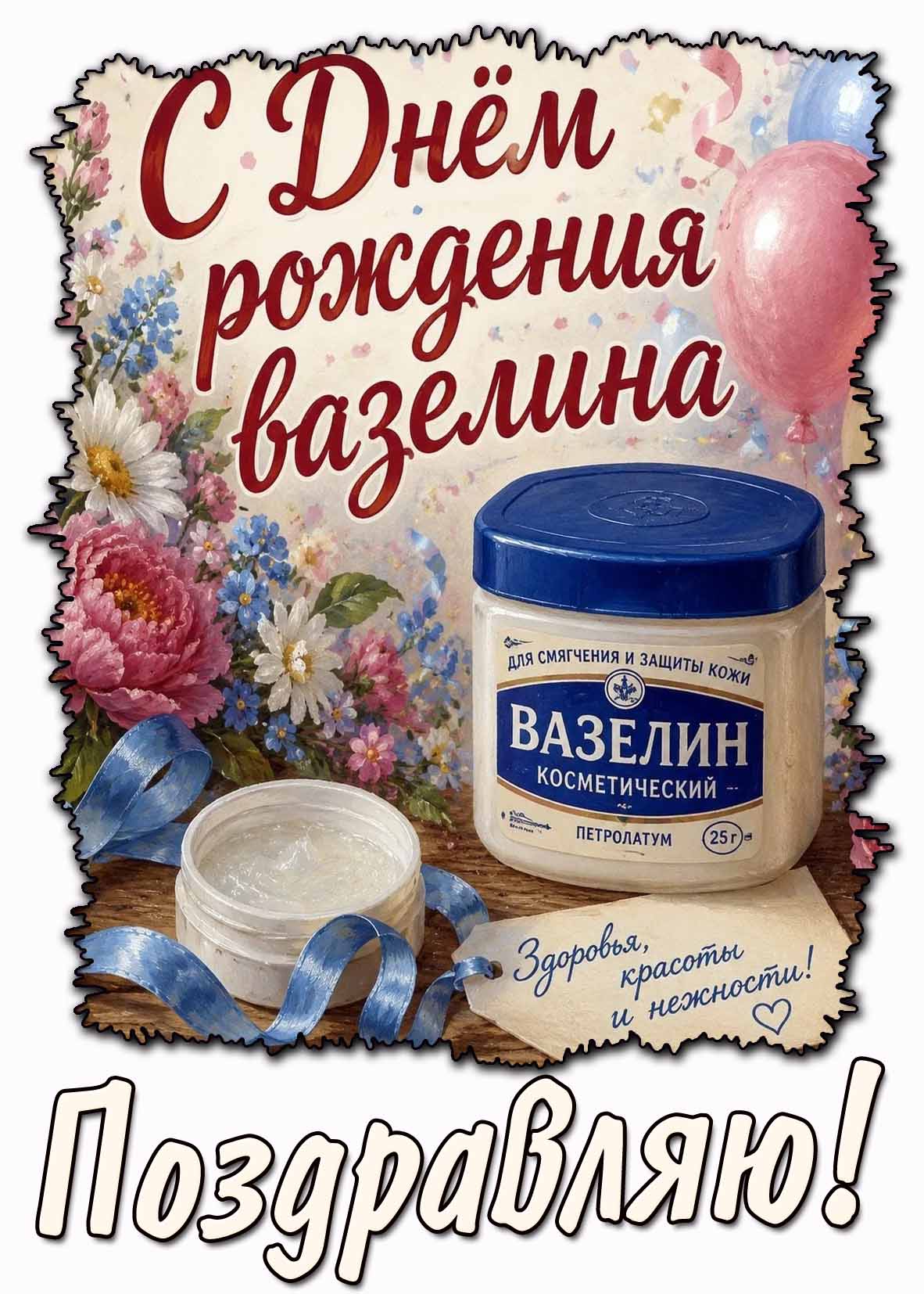 Картинка "С днём рождения вазелина! Здоровья, красоты и нежности! Поздравляю!"