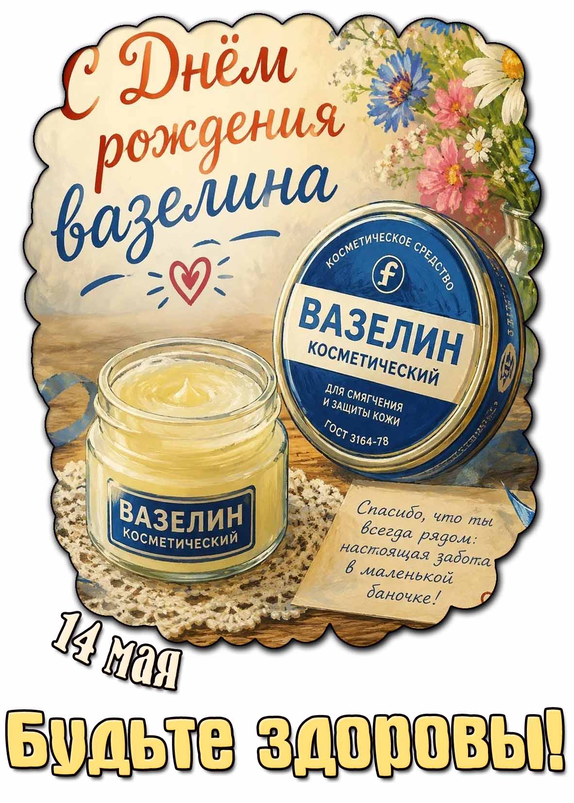 Красивая открытка "14 мая - с днём рождения вазелина! Будьте здоровы!"