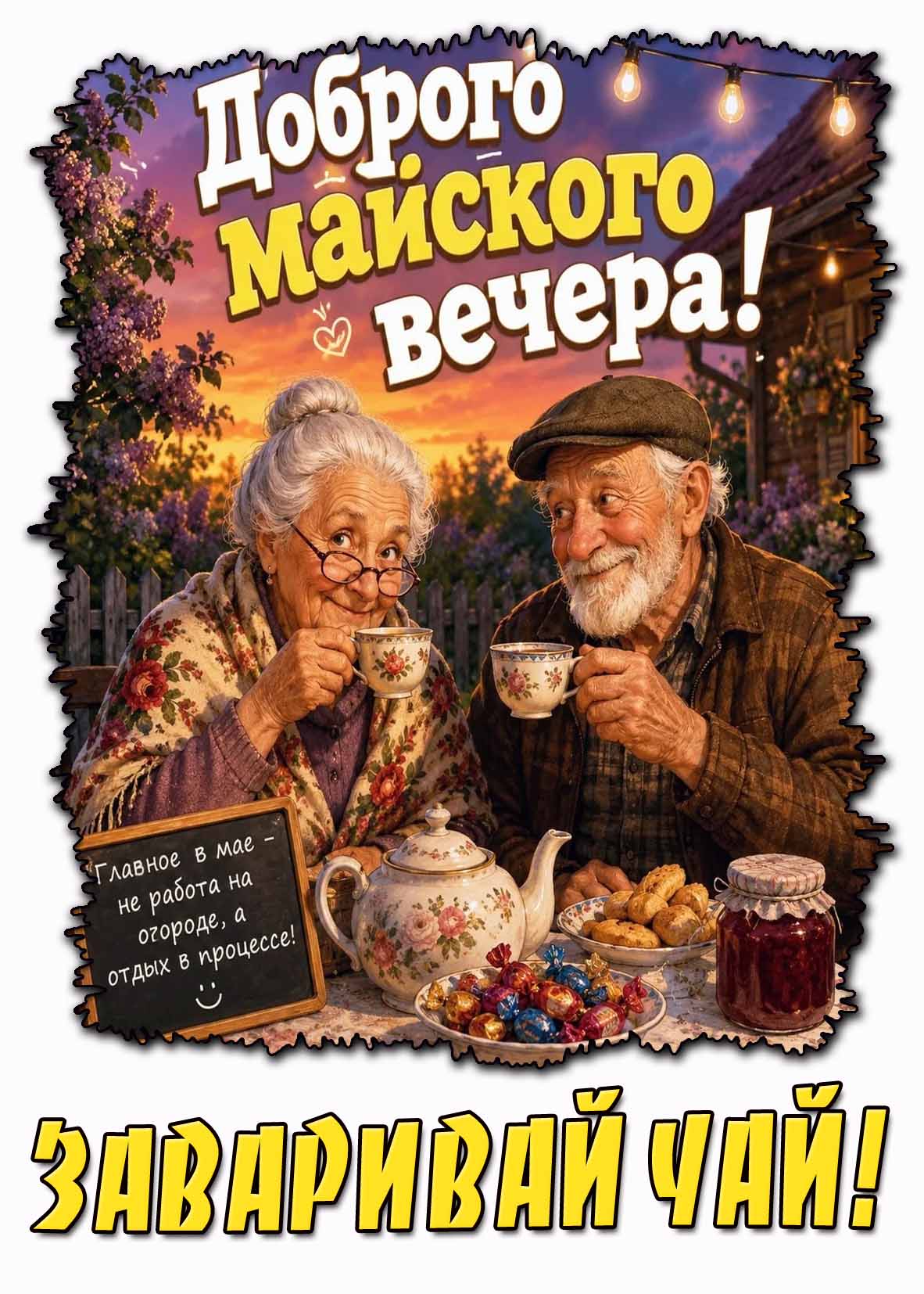 Красивая открытка "Доброго майского вечера! Заваривай чай!"