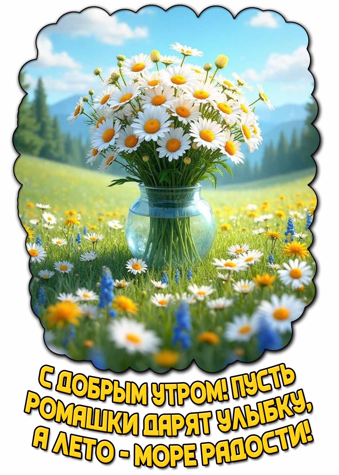 Открытка "С добрым утром! Пусть ромашки дарят улыбку, а лето - море радости!"