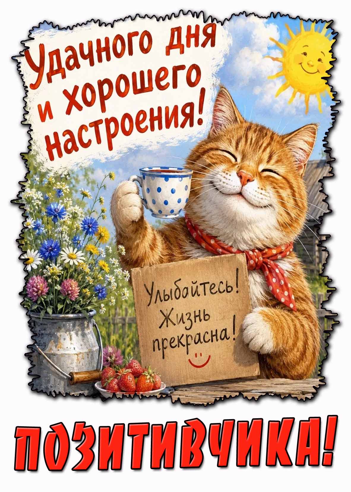 Летняя картинка "Удачного дня и хорошего настроения! Улыбайтесь! Жизнь прекрасно! Позитивчика!"
