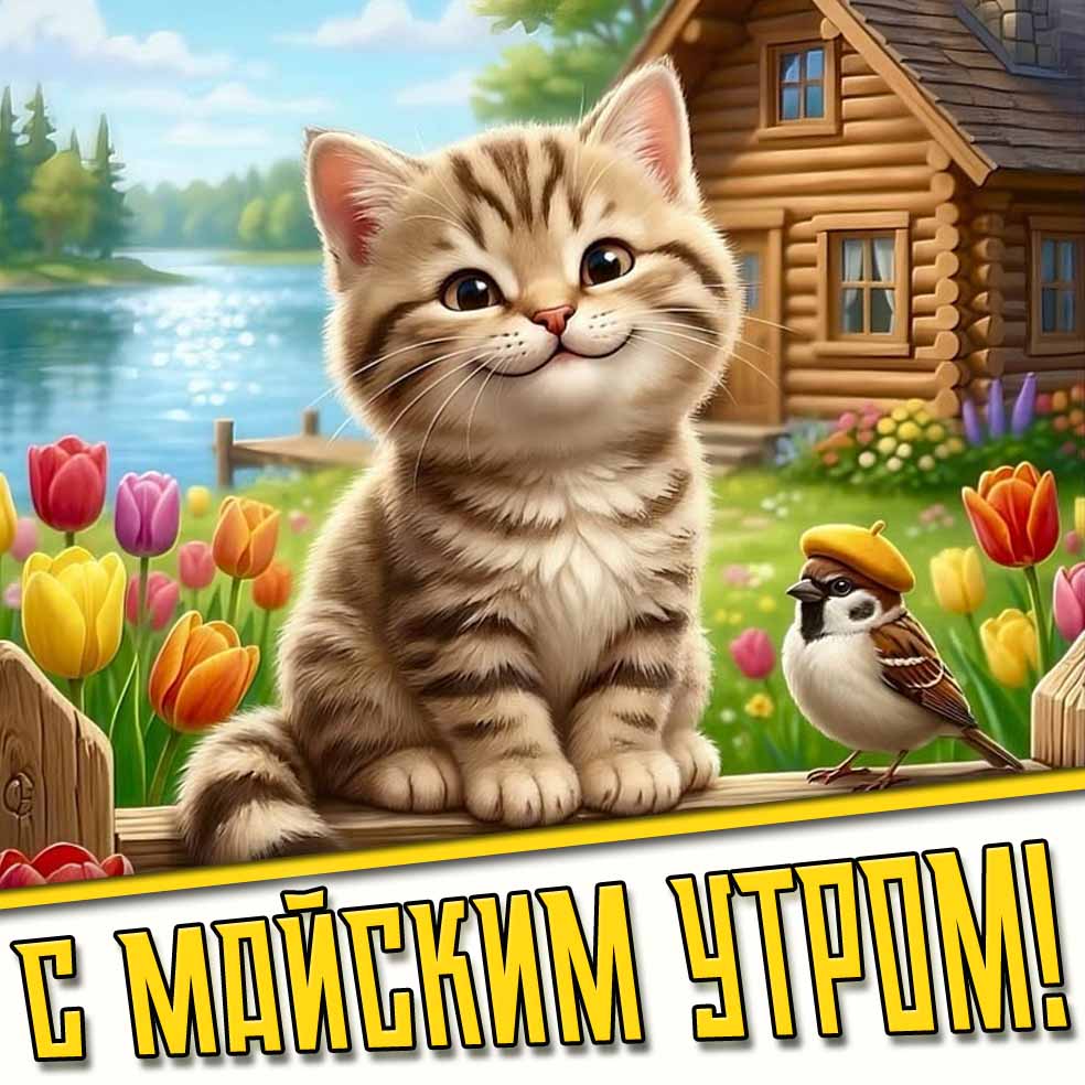 С майским утром! - прикольная картинка с котёнком