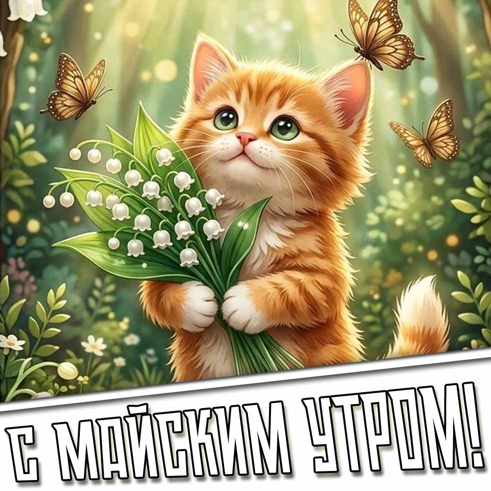 С майским утром! - открытка с котёнком с ландышами