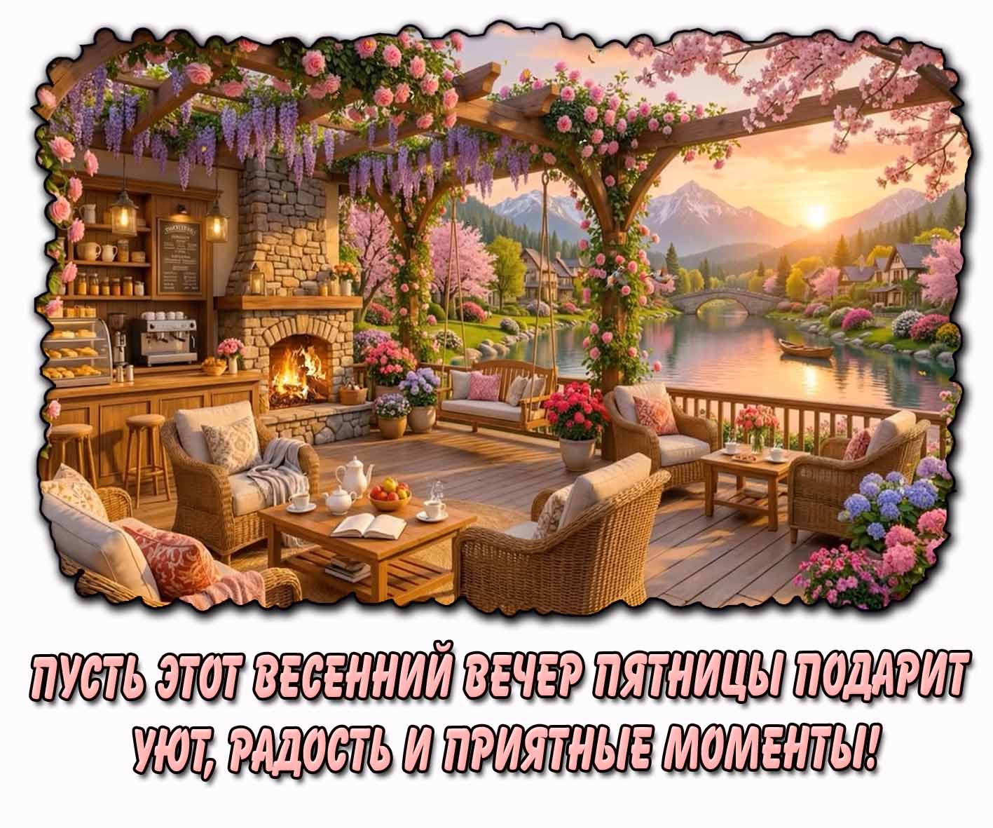 Открытка "Пусть этот весенний вечер пятницы подарит уют, радость и приятные моменты!"