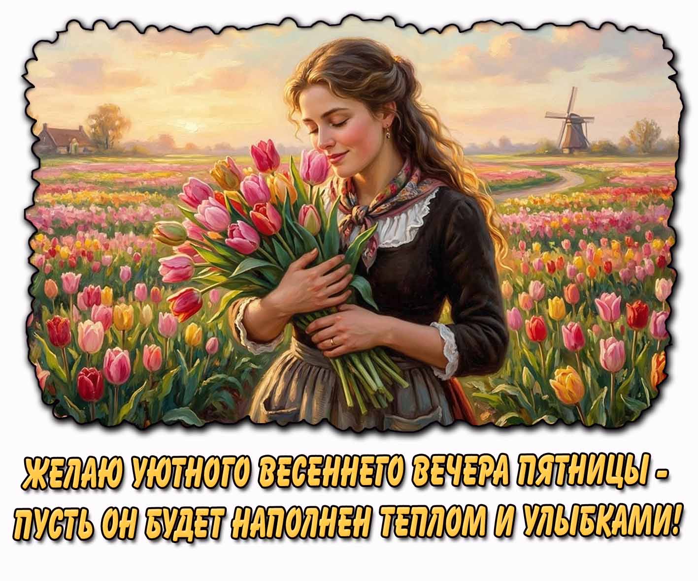 Открытка "Желаю уютного весеннего вечера пятницы - пусть он будет наполнен теплом и улыбками!"