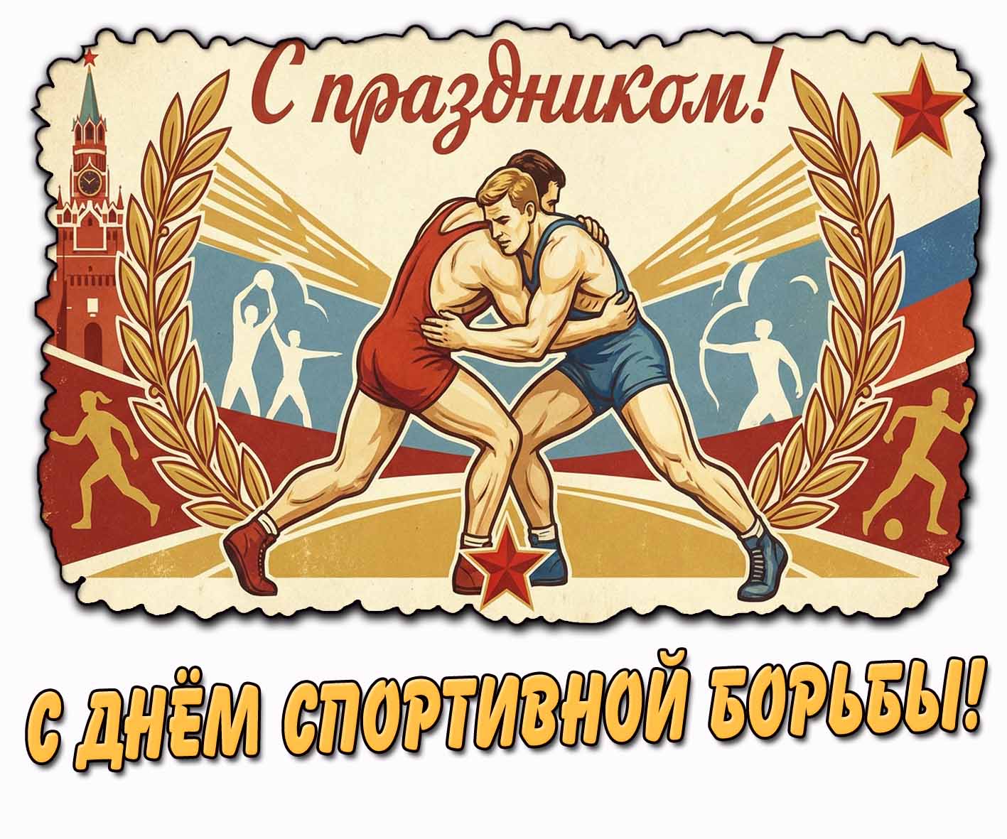 Советская открытка "С днём спортивной борьбы! С праздником!"