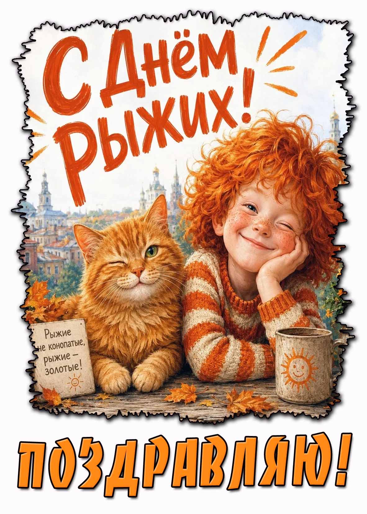 Осенняя открытка "С днём рыжих! Рыжие не конопатые, рыжие - золотые! Поздравляю!"
