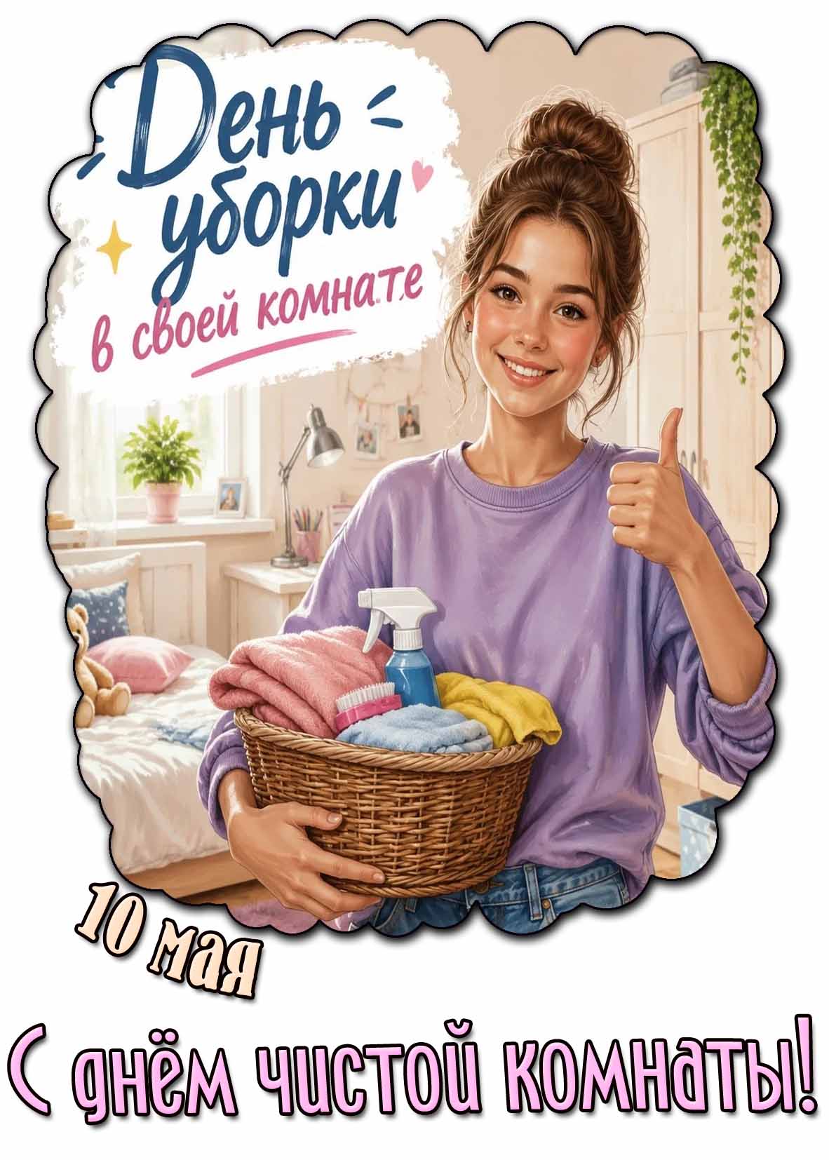 Открытка "10 мая - день уборки в своей комнате! С днём чистой комнаты!"