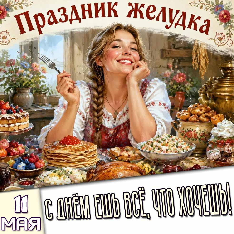 Открытка "11 мая - Праздник желудка! С днём ешь всё, что хочешь!"