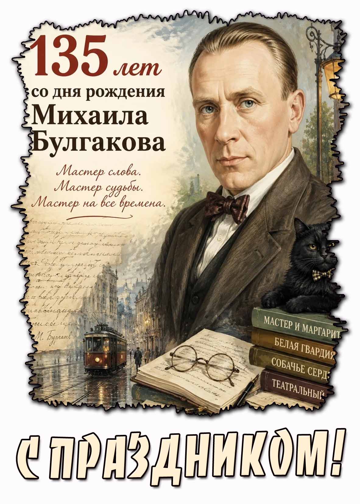 Открытка "135 лет со дня рождения Михаила Булгакова! С праздником!"
