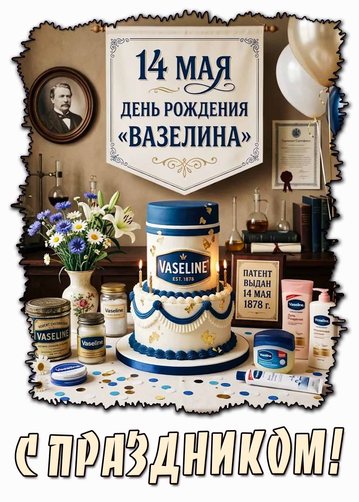 Открытка "14 мая - день рождения вазелина! С праздником!"