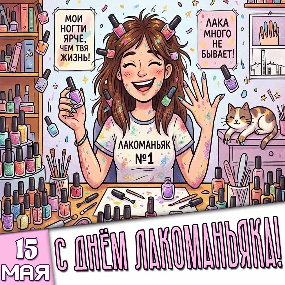 Открытка "15 мая - с днём лакоманьяка! Лака много не бывает!"