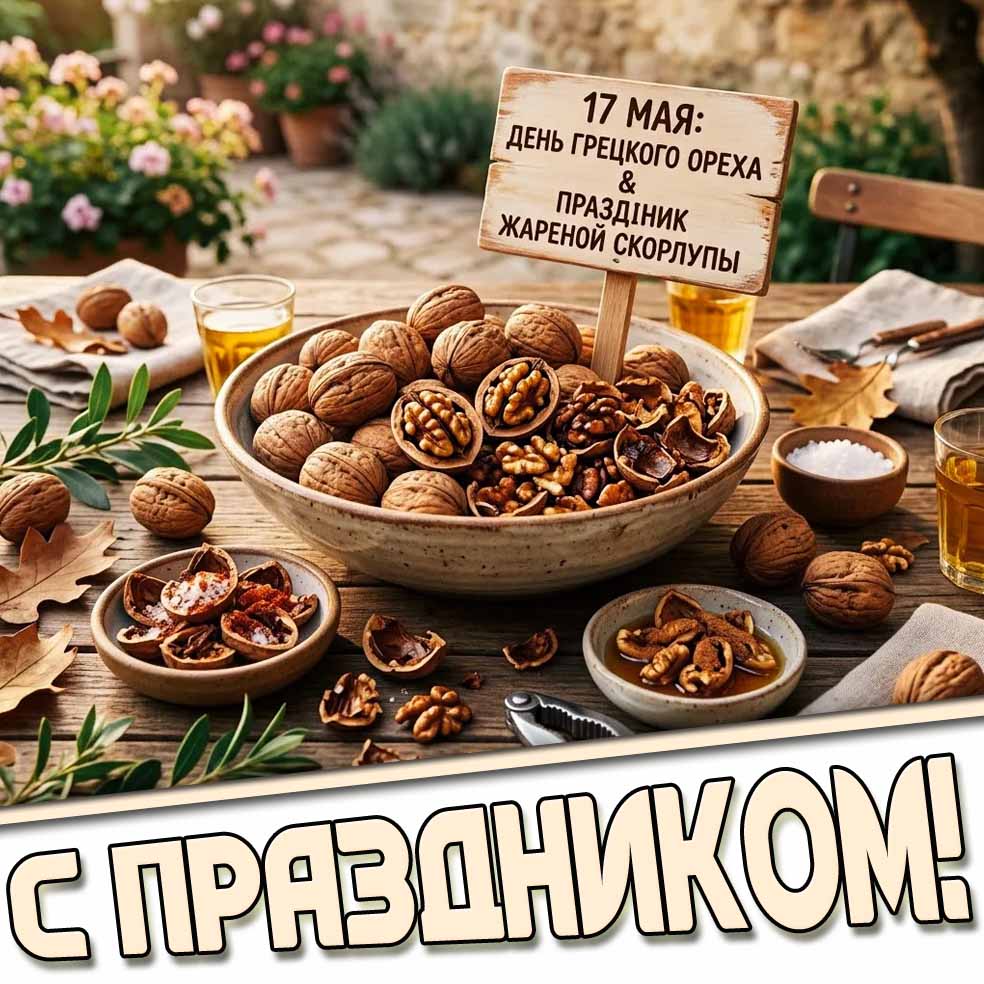 Открытка "17 мая - день грецкого ореха и праздник жареной скорлупы! С праздником!"