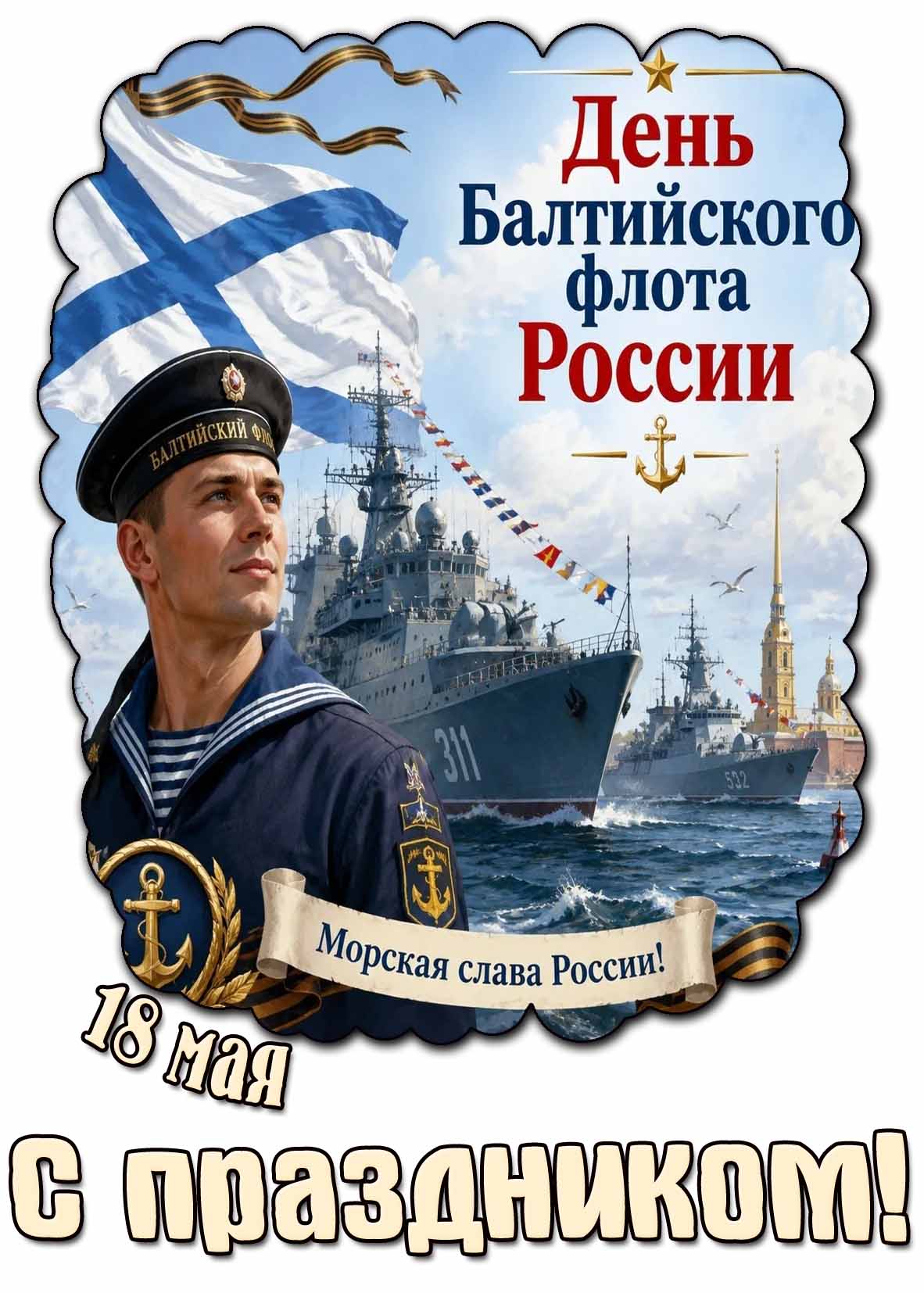 Открытка "18 мая - день Балтийского флота России! Морская слава России! С праздником!"