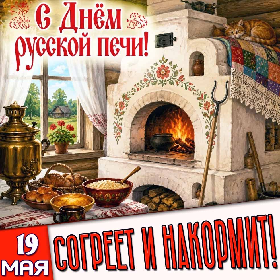Открытка "19 мая - с днём русской печи! Согреет и накормит!"