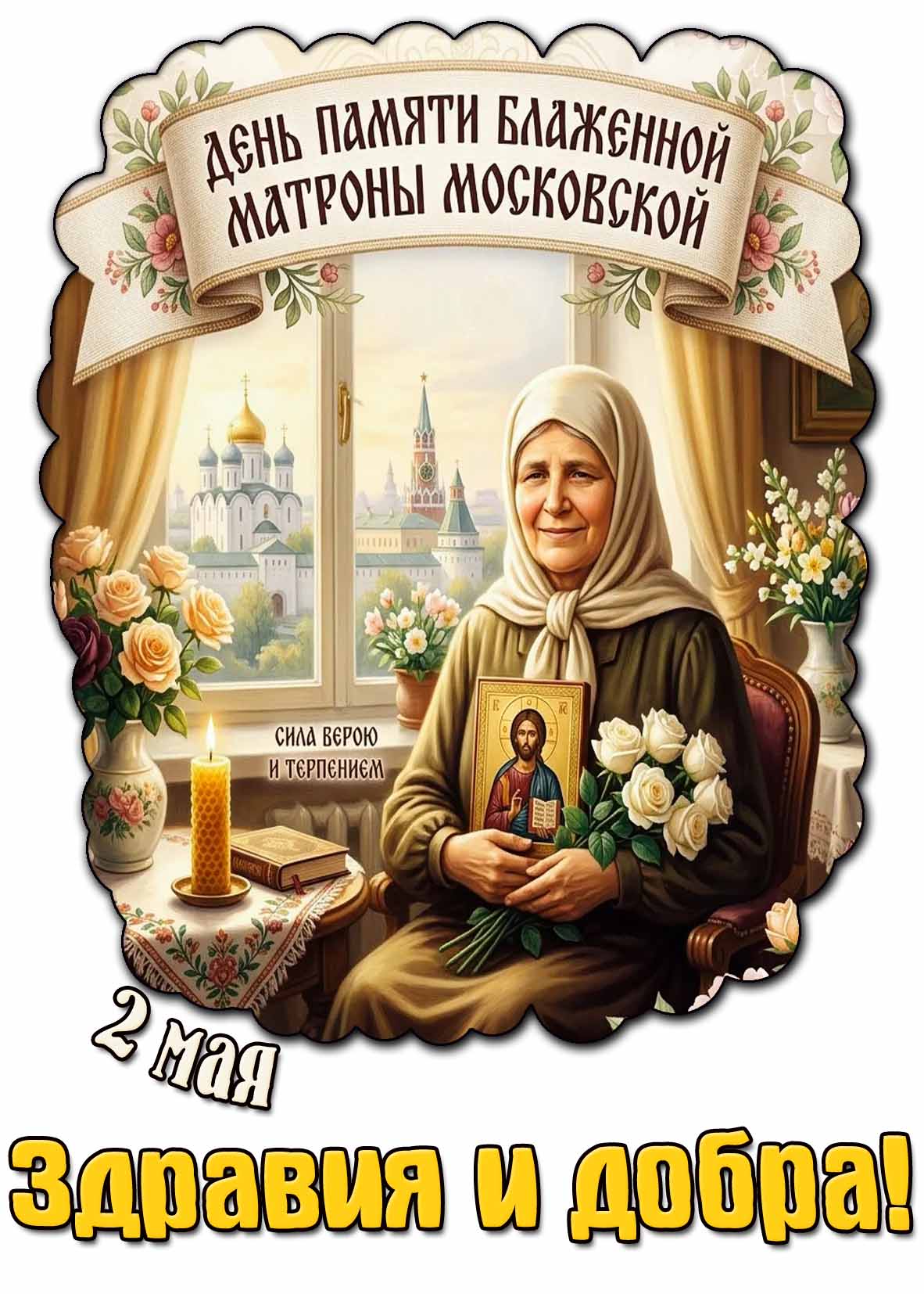 Открытка "2 мая - день памяти блаженной Матроны Московской! Здравия и добра!"