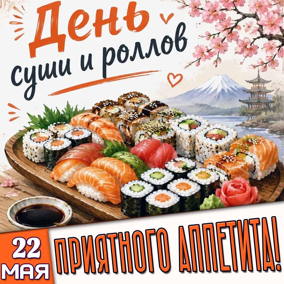 Красивая в весенне-японском стиле открытка к празднику 22 мая - день суши и роллов! Приятного аппетита!