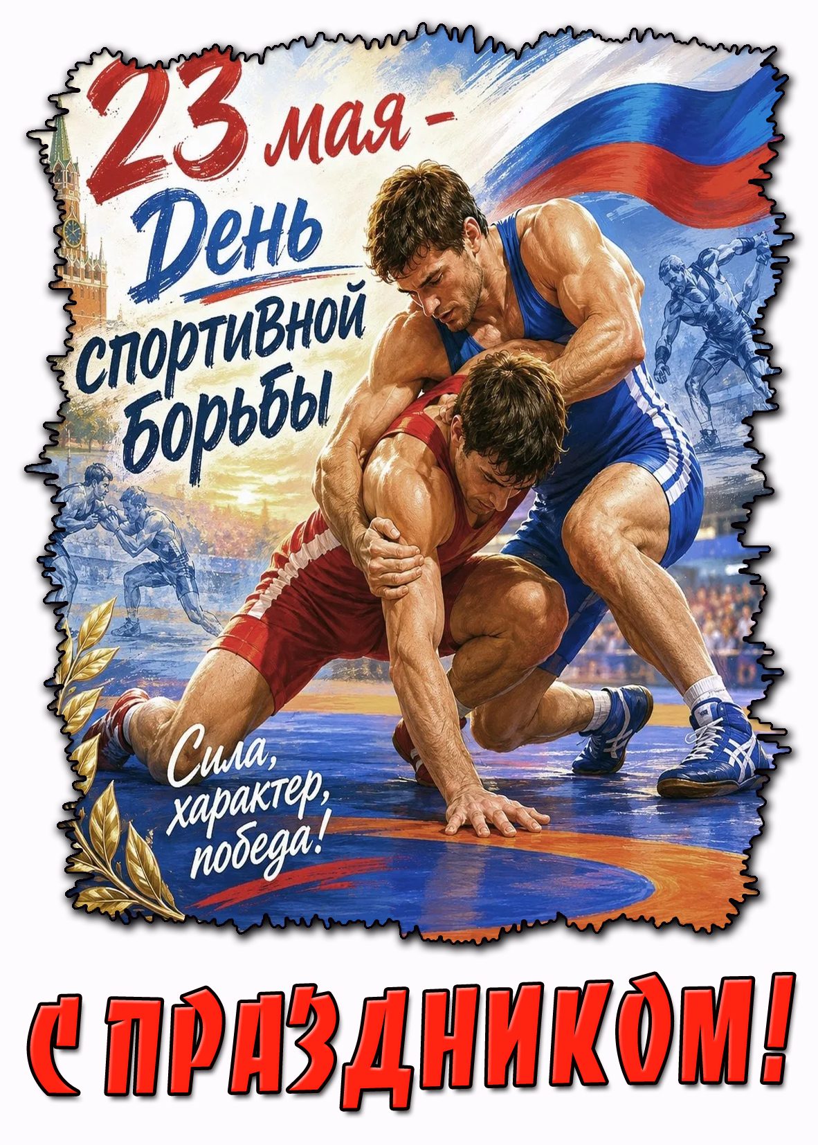Открытка "23 мая - день спортивной борьбы! Сила, характер, победа! С праздником!"
