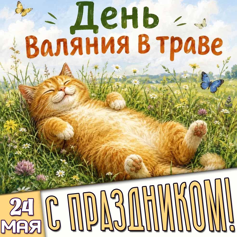 Открытка "24 мая - день валяния в траве! С праздником!"