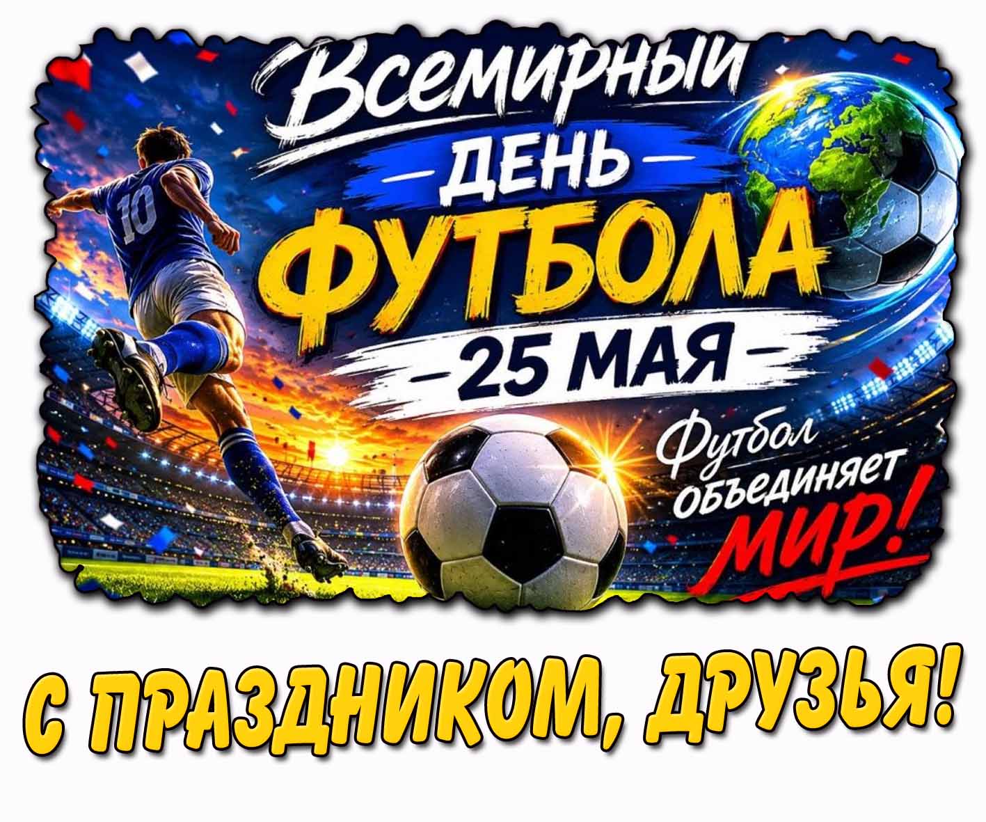Открытка "25 мая - Всемирный день футбола! Футбол объединяет мир! С праздником, друзья!"