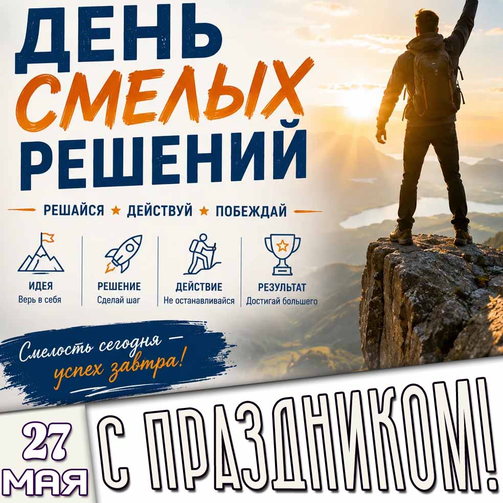 Открытка "27 мая - день смелых решений! Решайся! Действуй! Побеждай! С праздником!"