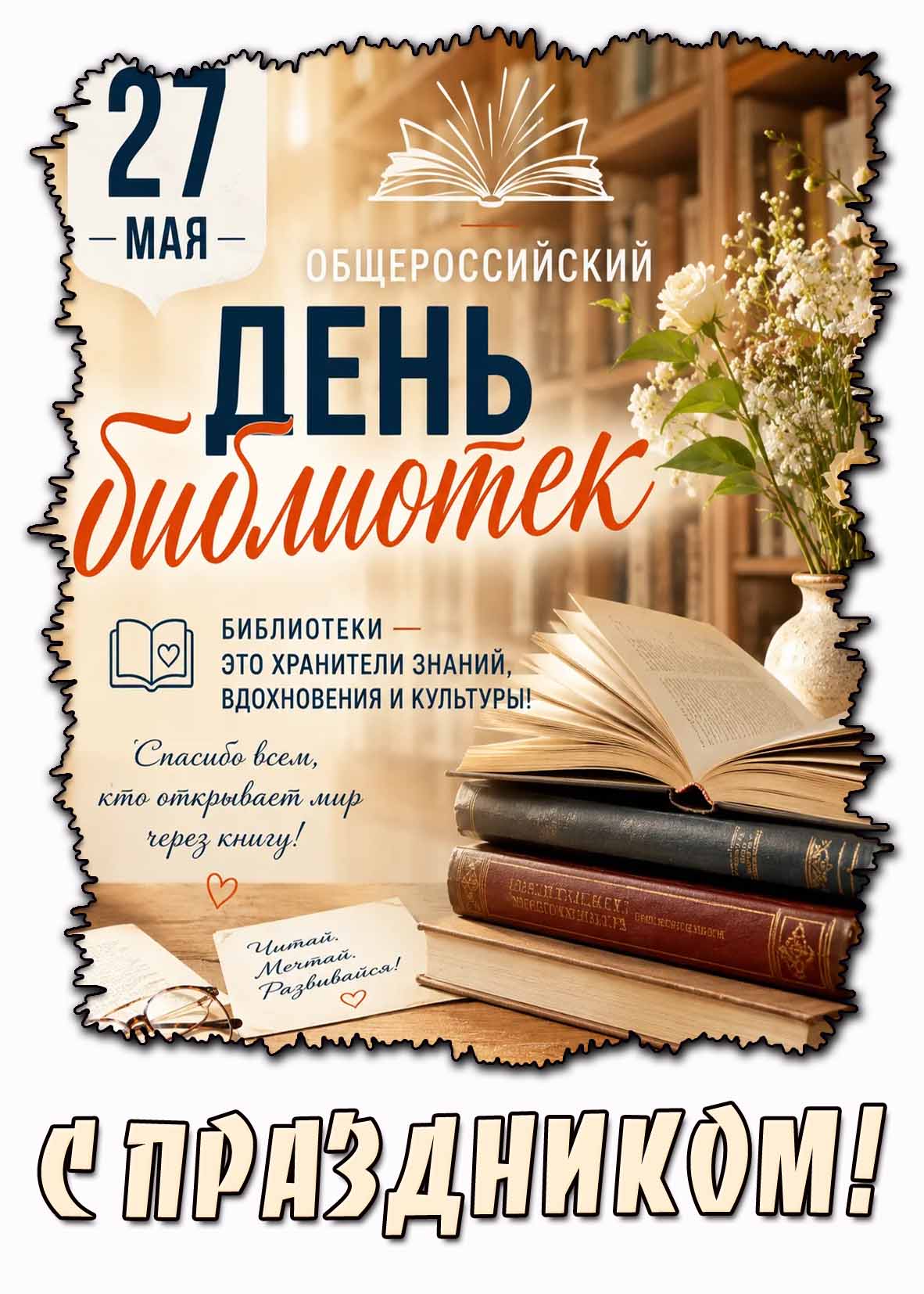 Открытка "27 мая - Общероссийский день библиотек! Читай, мечтай, развивайся! С праздником!"