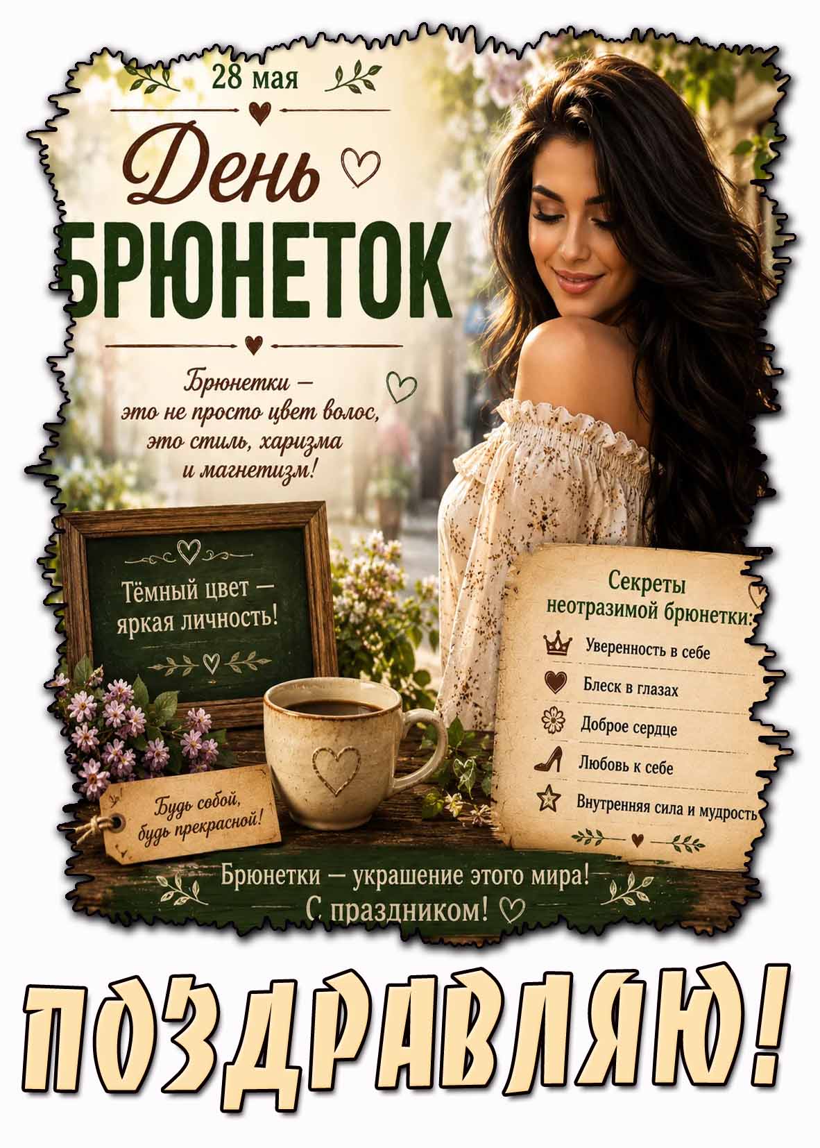 Открытка "28 мая - день брюнеток! Брюнетки - украшение этого мира! С праздником! Поздравляю!"