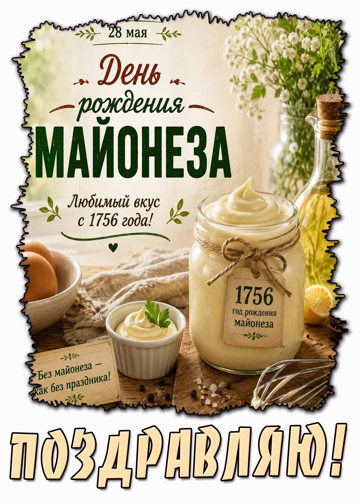 Открытка "28 мая - день рождения майонеза! Любимый вкус с 1756 года! Без майонеза - как без праздника! Поздравляю!"
