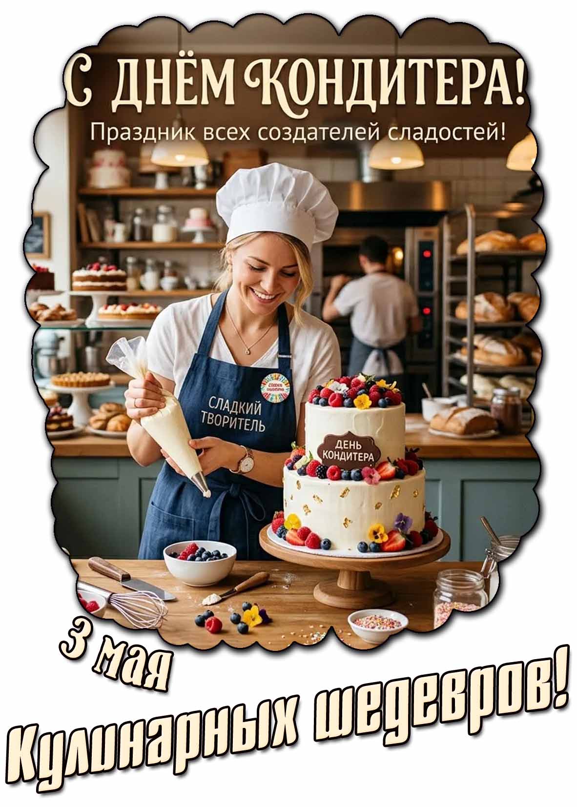 Открытка "3 мая - с днём кондитера! Праздник всех создателей сладостей! Кулинарных шедевров!"
