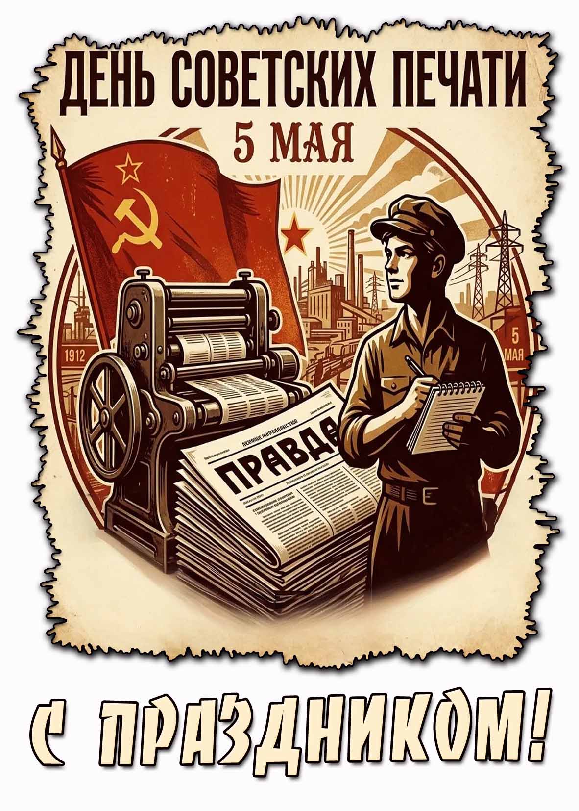 Открытка "5 мая - день советской печати! С праздником!"
