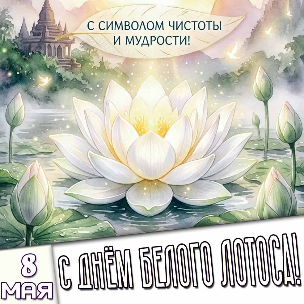Открытка "8 мая - с днём белого лотоса! С символом чистоты и мудрости!"