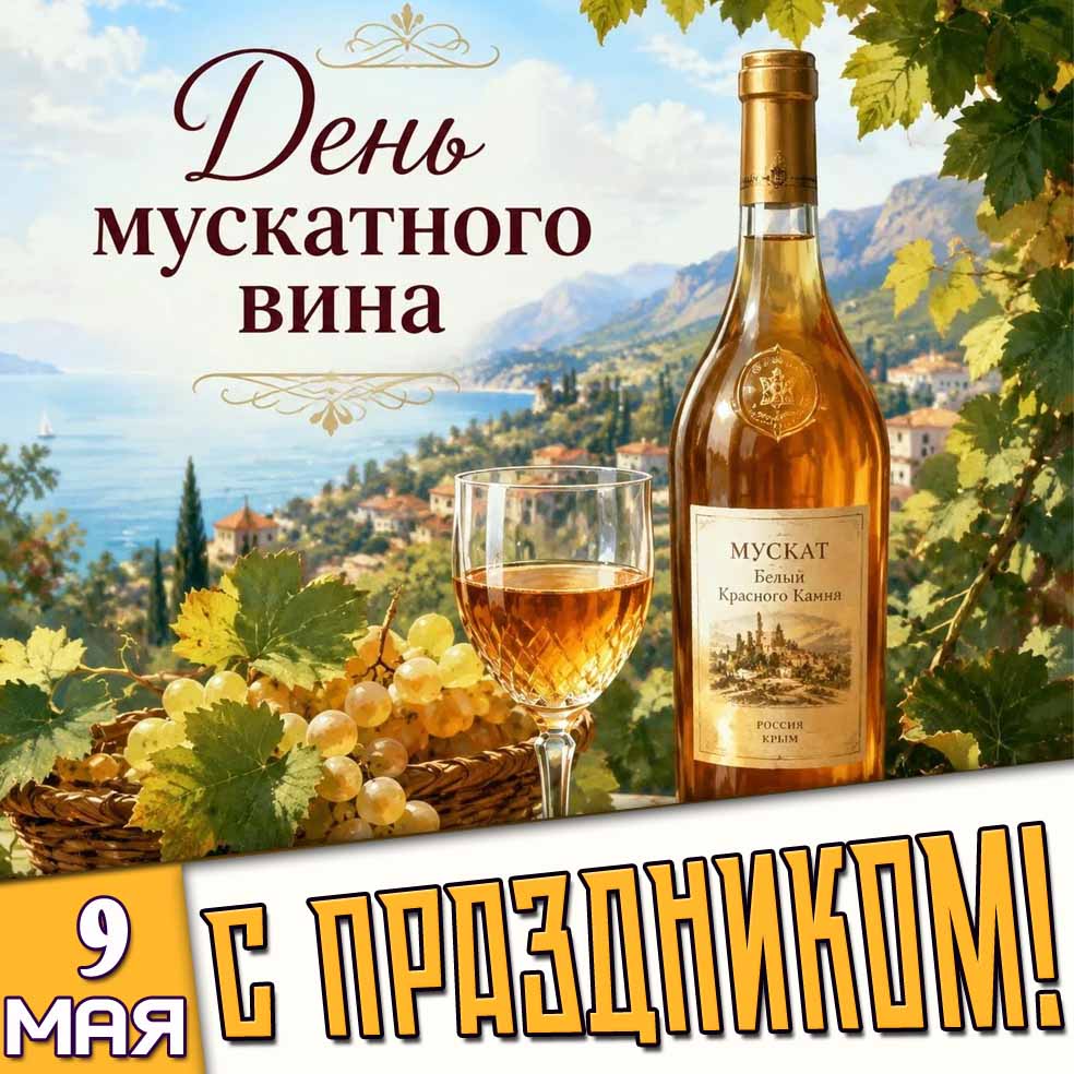 Открытка "9 мая - день мускатного вина! С праздником!"