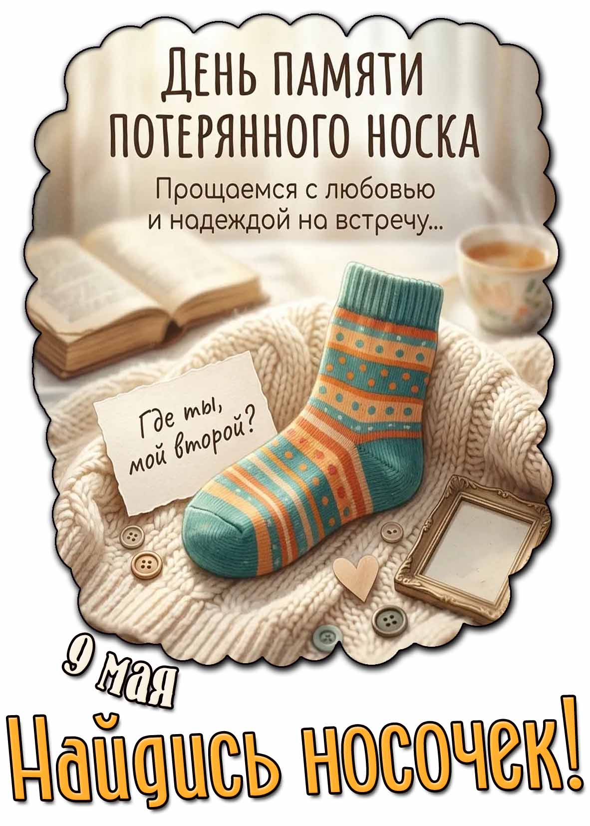 Открытка "9 мая - день памяти потерянного носка! Найдись носочек!"