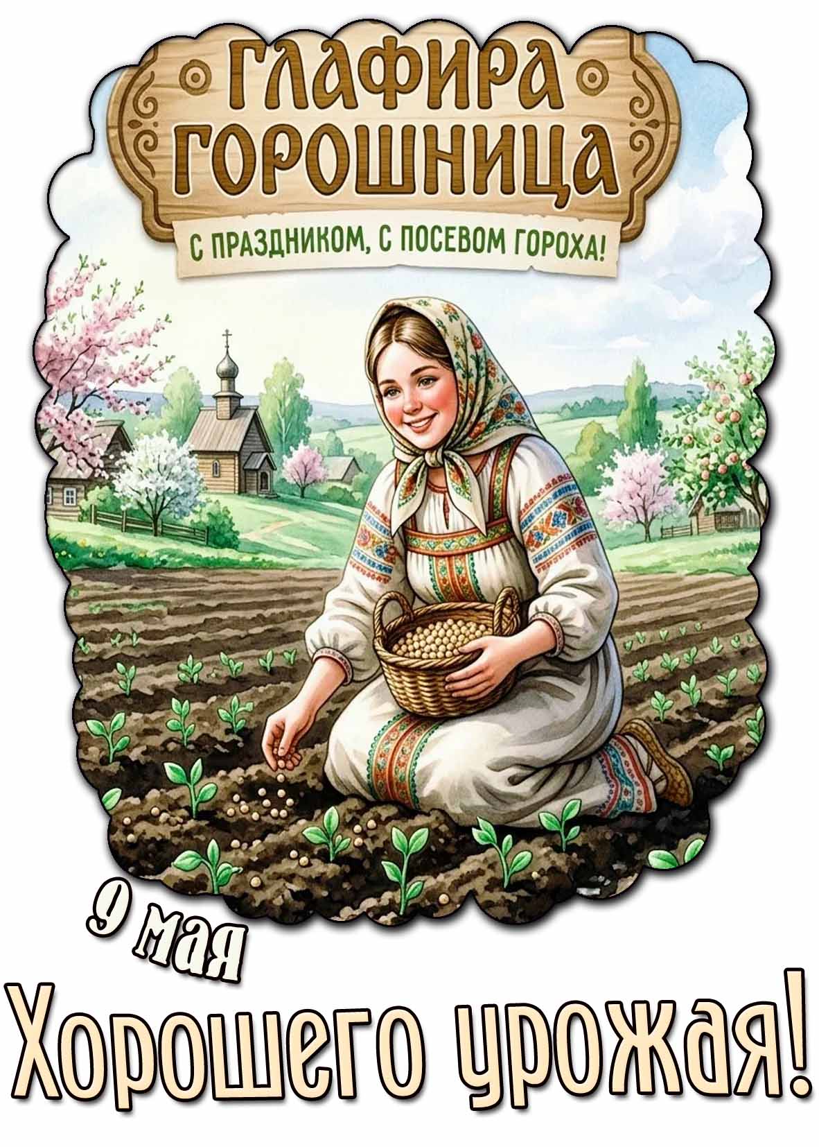 Открытка "9 мая - Глафира Горошница! С праздником, с посевом гороха! Хорошего урожая!"